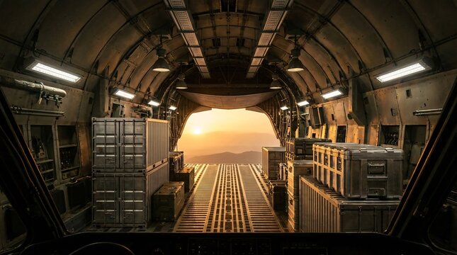 Massive cargo aircraft interior loaded with metallic silver shipping containers looking toward a vibrant orange sunset at the open tail.