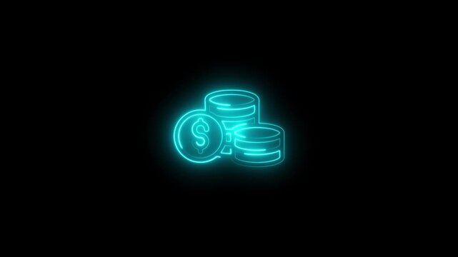 Glowing neon dollar coin stack icon animation for financial growth, business finance and money management concepts and digital currency concept, isolated on black background.