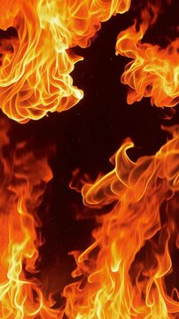 Close-up view of fierce flames and sparks burning intensely against a dark background, representing concepts like hell, danger, heat, and energy