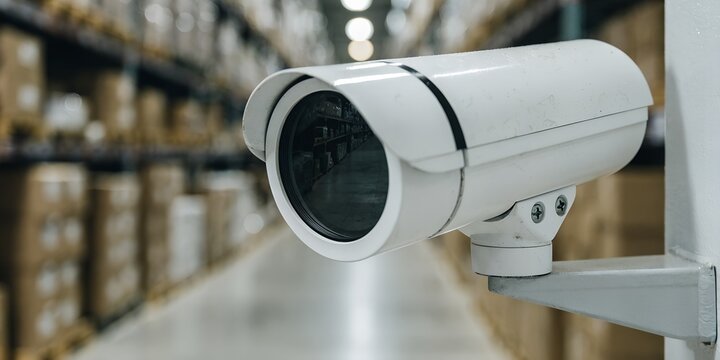 White CCTV Security Camera Mounted On Wall Inside Warehouse With Blurred Shelves And Cardboard Boxes In Background Surveillance And Safety Technology Concept