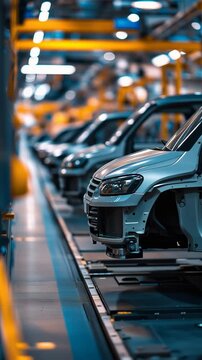 Automotive industry conveyor belt moving new cars along the production line in a modern manufacturing plant, highlighting the automation and assembly process