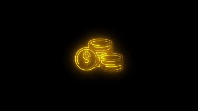 Glowing neon dollar coin stack icon animation for financial growth, business finance and money management concepts and digital currency concept, isolated on black background.