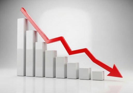 Red downward arrow over decreasing bars