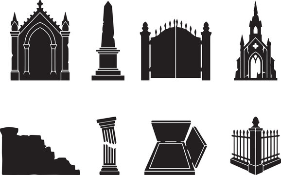 Black silhouette collection of gothic cemetery elements featuring crypt, gates, church, broken column, and open tomb