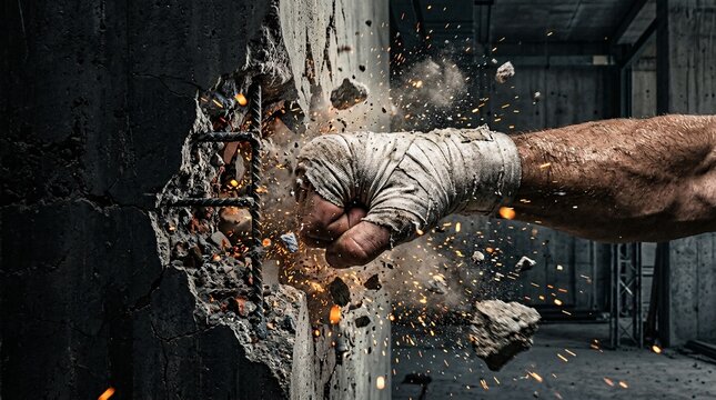Powerful close up of a rugged hand wrapped in boxing tape smashing violently through a thick concrete wall causing exploding debris sparks.