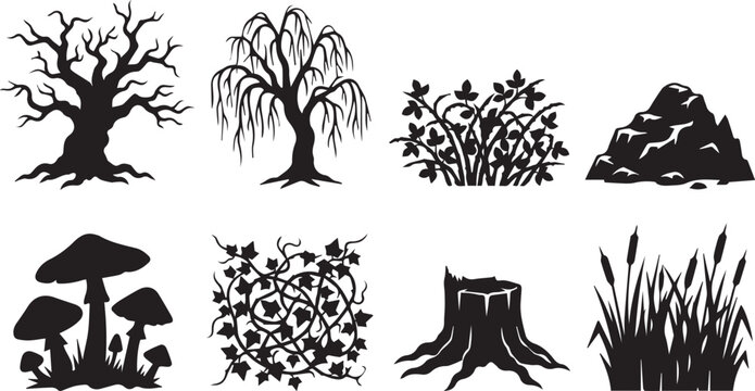 Black silhouette collection of forest landscape elements featuring bare trees, mushrooms, vines, tree stump, and cattails