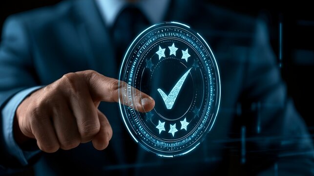 Businessman inspecting digital iso certification standard for quality assurance compliance. Virtual management control system guaranteeing excellence. Business inspection data with 5 star approval.