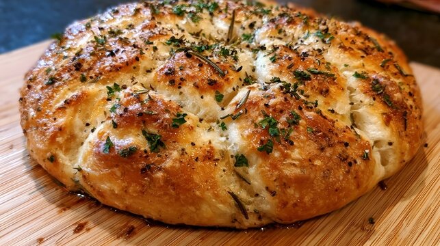 Buttery crust with herb flecks (rosemary, thyme, parsley) and cracked black pepper, tiny streaks of pan jus shining in the crevices