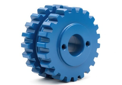 Blue industrial spur gear with bolts
