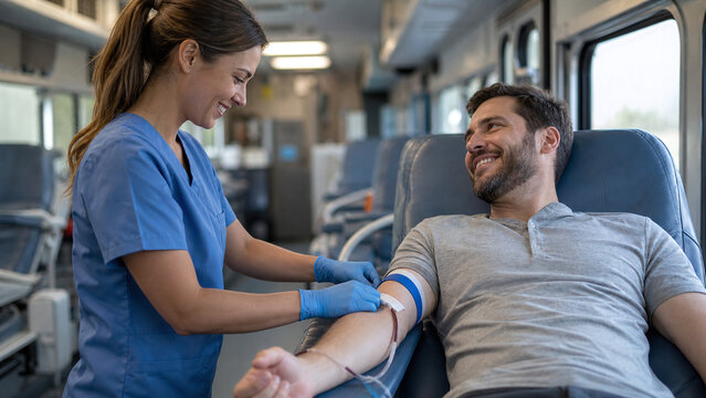 Female nurse assisting a male blood donor inside a mobile blood drive bus with donation chairs, community healthcare, blood collection, medical outreach