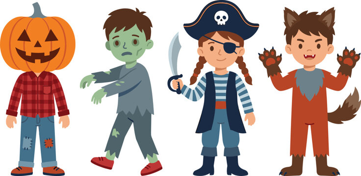 Cute kids in Halloween costumes cartoon vector character set with children dressed as pumpkin head zombie pirate and werewolf isolated on white background