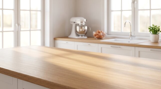 Empty wooden kitchen island countertop in bright modern home interior for product display backdrop and website banner