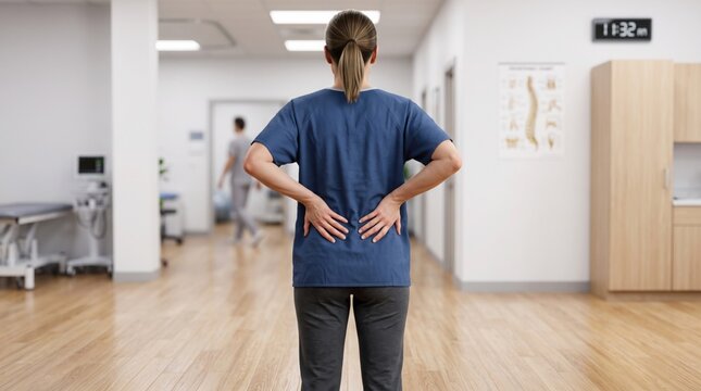 Female nurse with back pain standing in hospital clinic, medical professional suffering from lower backache, healthcare worker with spinal injury