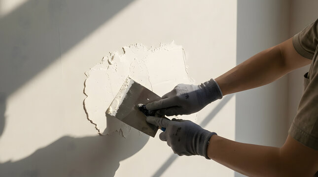 Worker Applying White Plaster Skim Coat to Wall | Plastering Patching Hole with Metal Putty Knife | Drywall Repair Renovation Home Improvement | Construction Hand Troweling Compound Paste