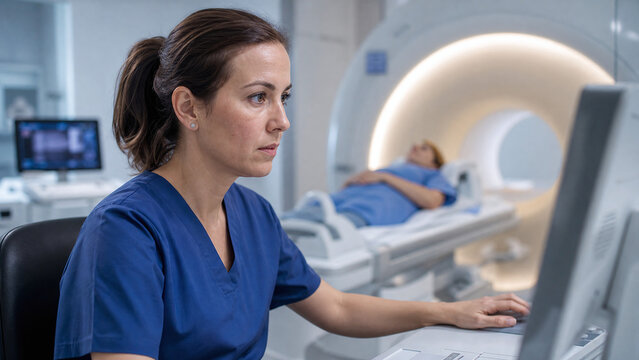 Female nuclear medicine technologist operating a PET scan console with a patient in a modern imaging suite, medical professional monitoring diagnostic imaging procedure, healthcare technology