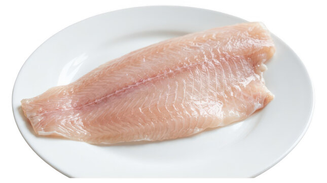 Raw tilapia fish fillet on a white plate isolated on transparent background