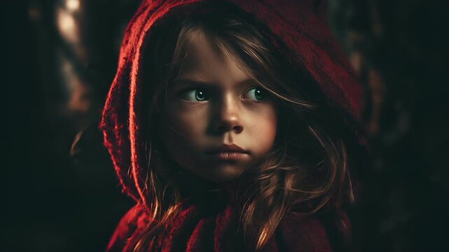 Europe medieval lifestyle. A closeup portrait of a young girl, captured in a moody, atmospheric style. She wears a deep red hooded cloak that billows around her head, obscuring her face.