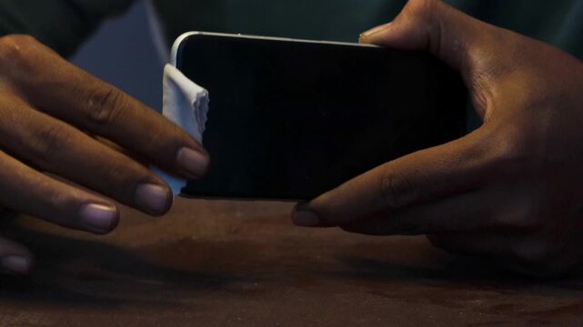 Close-up of an Asian man's hands cleaning a smartphone screen and frame with a cloth, sitting at a table in a room with a dark interior. Concept of device maintenance and hygiene.