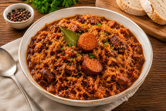 Bigos polacco con carne e crauti su tavolo rustico. Generative AI 