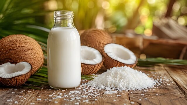 Fresh coconut milk in a bottle with whole and shredded coconuts on a wooden table. Sharp food photography ideal for healthy cooking blogs and organic product packaging.