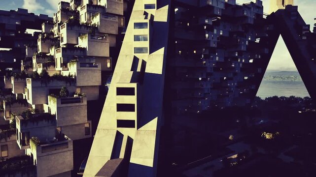 Mirrored concrete labyrinth under golden light, cascading blocks and shadowed gaps, reflective angles creating surreal depth, cinematic film set vibe,