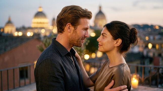 Romantic loving couple embracing on rooftop terrace overlooking illuminated historic city skyline at twilight
