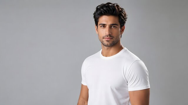 Studio portrait of a handsome young man wearing a basic white t shirt on a gray background. Clean professional image ideal for clothing catalogs and lifestyle branding.