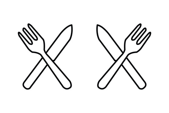 Crossed fork and knife icon set, simple line art style cutlery symbols for restaurant or dining menu design