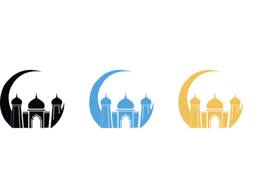 Set of mosque icons with crescent moon, islamic architecture design elements for ramadan kareem, eid mubarak, and religious celebrations