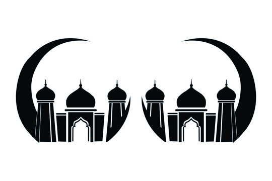 Two mosque silhouettes with crescent moon, islamic architecture design elements for ramadan and eid celebrations