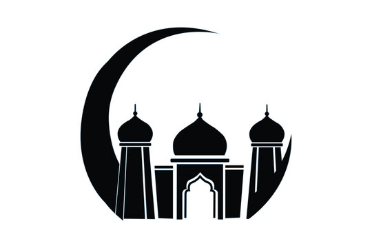 Single mosque silhouette with crescent moon, islamic architecture design element for ramadan and eid celebrations