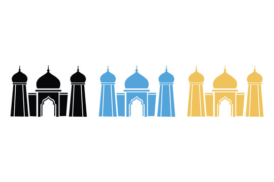Set of three mosque icons in black, blue and gold colors