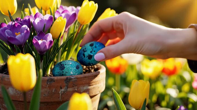 Hands picking colorful eggs from flower pot filled with tulips and crocuses. Bright garden setting under sunlight. Concept of holiday celebration, gardening, spring activities