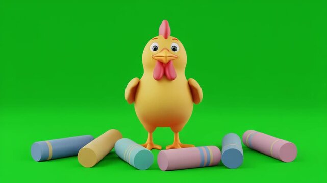 Cute cartoon chick standing with chalk on green screen background cinematic motion