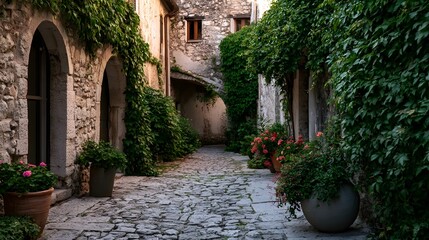 Fototapeta premium A narrow cobblestone alleyway flanked by stone buildings with arched doorways and lush green ivy growing over walls and potted plants