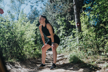 Obraz premium A young woman wearing athletic gear catches her breath while leaning on her knees on a forest trail. She pauses during a trail run through sunlit woods to rest and recover.