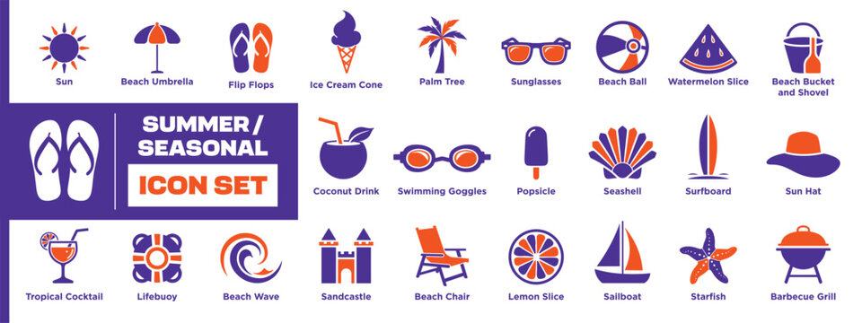 Summer Seasonal Beach Vacation Sunshine Holiday Recreation Pictogram Icon Collection Featuring Coastal Leisure Outdoor Activity Essentials
