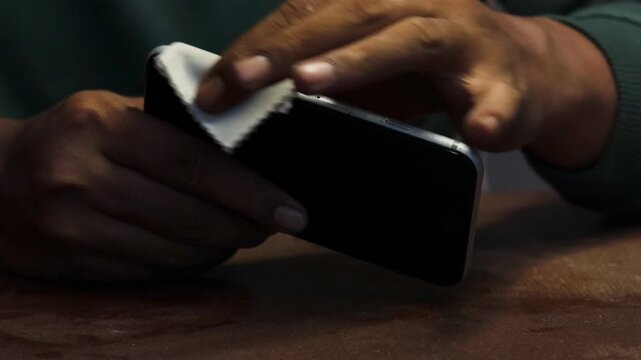 Close-up of an Asian man's hands cleaning a smartphone screen and frame with a cloth, sitting at a table in a room with a dark interior. Concept of device maintenance and hygiene.