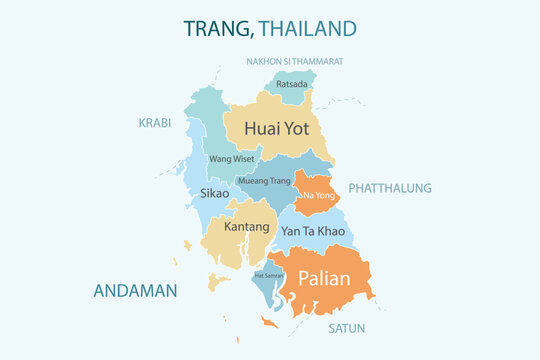Colorful infographic map of Trang Thailand with administrative district names