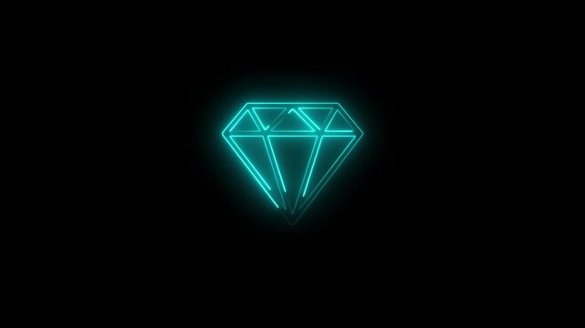 Glowing neon diamond icon animation against black background illustrating value and luxury. Diamond icon. animation on black background