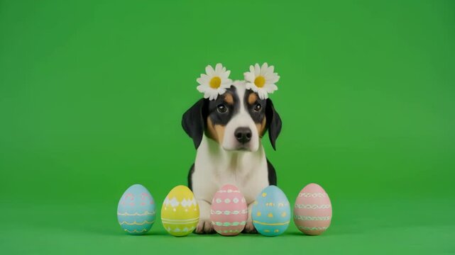 Border Collie wearing flower crown sits with Easter eggs on a vibrant green screen background