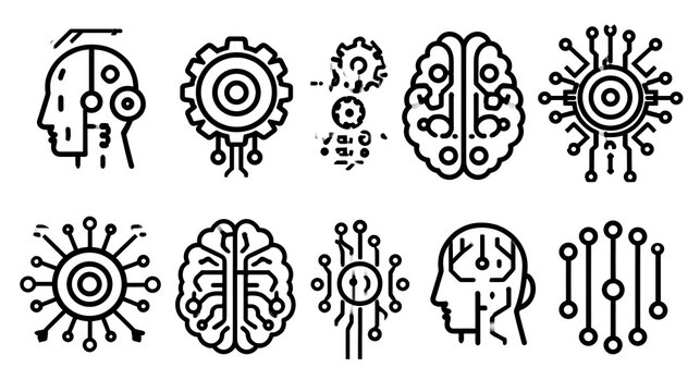 machine learning ai brain gear icon set with digital circuit lines outline vector Stock Vector
