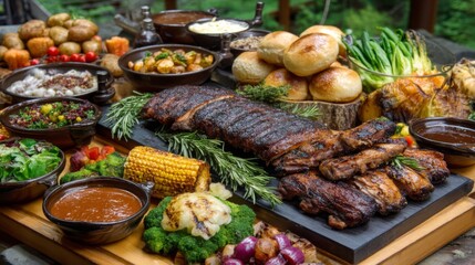 Obraz premium Vibrant Outdoor Feast with Grilled Meats, Fresh Vegetables, and Rustic Bread on Wooden Table Surrounded by Nature in a Beautiful Setting