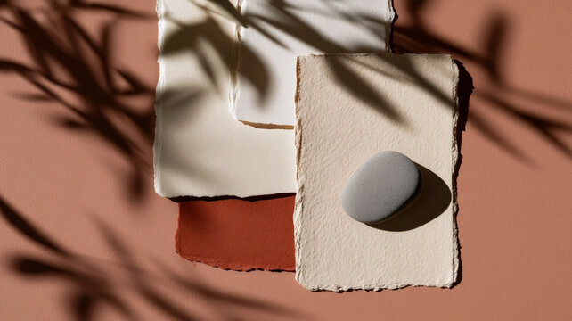 High-end flat lay mockup with handmade deckle edge paper, zen stone, and plant shadows on a terracotta background, designed for organic branding, wedding stationery, and corporate identity.