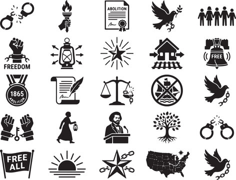 Abolitionist symbols including broken chains and a freedom torch against a white background in a vintage style