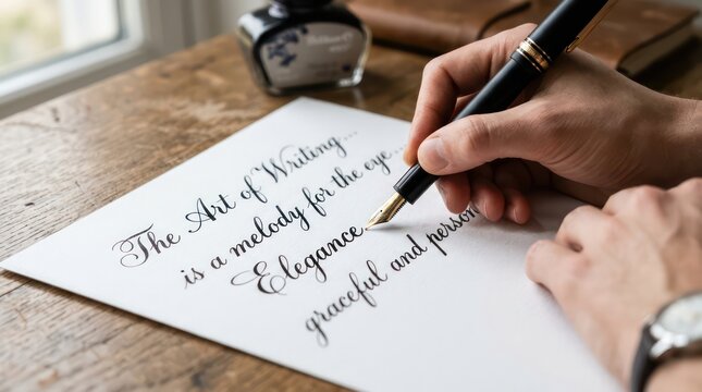 Person writing art of writing is a melody for the eye with fountain pen on paper sheet.