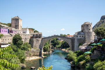 Panoramic view of Stari Most and Neretva River from Koski Mehmed Pasha Mosque in Mostar, Bosnia and Herzegovina.