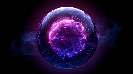 Fototapeta premium Navy violet glowing bright pink sphere dark purple shimmering energy orb liquid particles magical plasma dark background futuristic gradient core cosmic sci fi visual luminous depth atmosphere