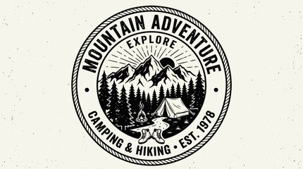 Obraz premium Vintage Mountain Adventure Badge Vector with Camping Emblem, Pine Trees, Sunrise and Hiking Logo Design