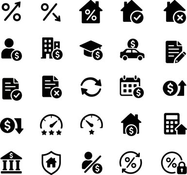 Interest rate and loan finance solid icons set, banking, credit and lending concept